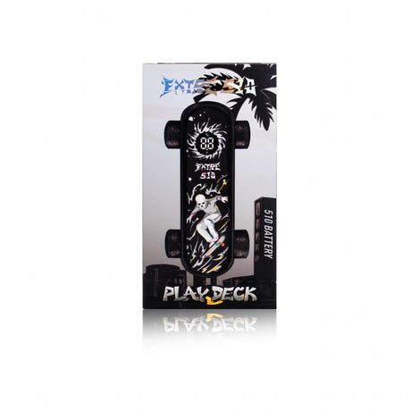 Playdeck Skateboard 510 Battery kit with graffiti-decorated deck, wireless remote, and battery pack box, showcasing a complete electric skateboard package.