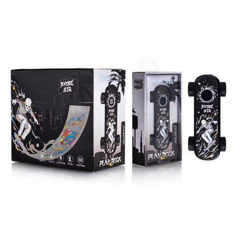 Playdeck Skateboard 510 Battery: a skateboard-shaped vape battery with a digital display, skull-rider graphic, and USB-C charging, shown with packaging highlighting features.