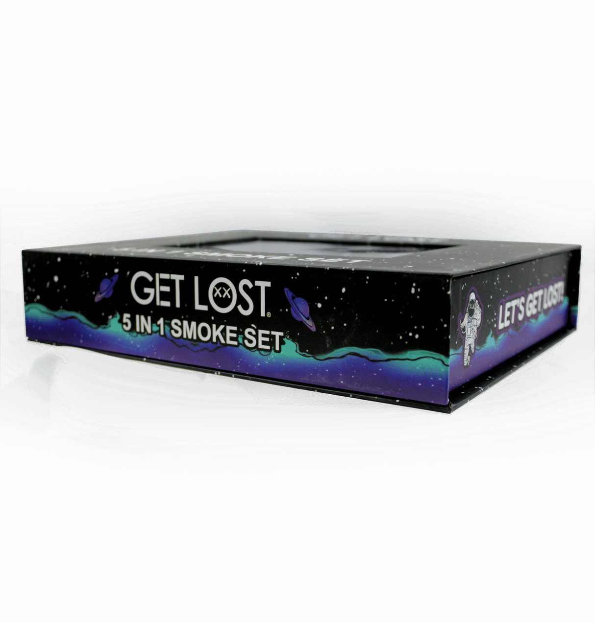 Hand Pipe Gift Set 5 in 1 - Black and White Swirl box features space theme design with GET LOST 5 IN 1 SMOKE SET and cartoon astronaut slogan.
