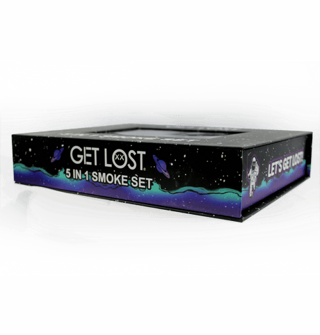 Hand Pipe Gift Set 5 in 1 - Black and White Swirl box features space theme design with GET LOST 5 IN 1 SMOKE SET and cartoon astronaut slogan.