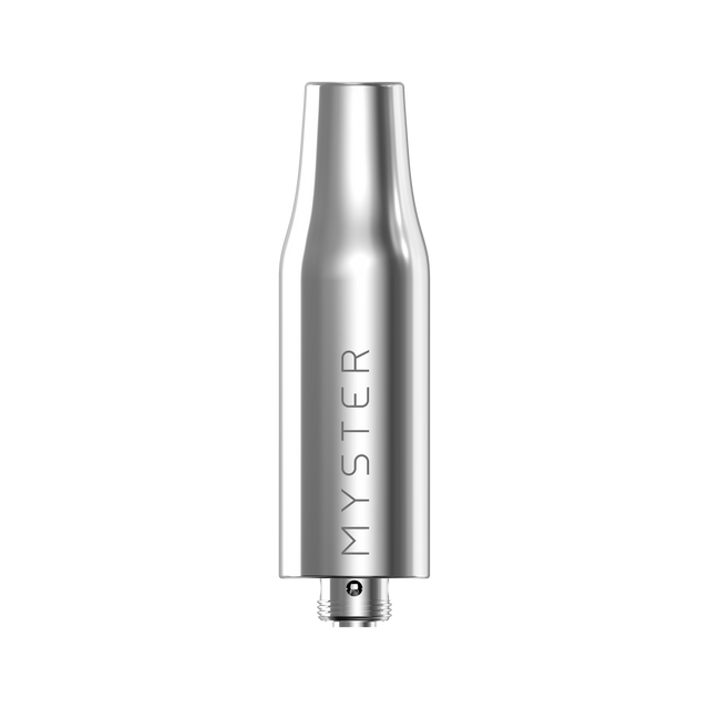 Close-up of 510 Oil Chamber - 2 pack, featuring polished metal atomizer with MYSTER branding, 510-thread connection, and tapered mouthpiece, compatible with vaporizer batteries.