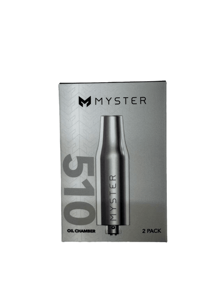 Retail packaging of Myster 510 Oil Chamber - 2 pack, featuring silver box with logo, rendering of oil chamber, 510 designation, and 2 Pack label.