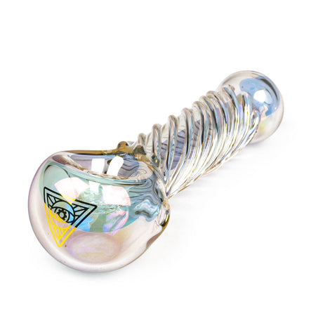 4 Terminator Hand Pipe made of iridescent borosilicate glass, featuring a spiral-textured handle, rainbow sheen, and geometric logo on the bowl.