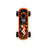 Bright orange Playdeck Skateboard 510 Battery with black grip, flaming logo, skull graphic, and chunky black wheels for all-terrain stunt use.