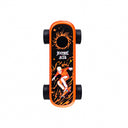 Bright orange Playdeck Skateboard 510 Battery with black grip, flaming logo, skull graphic, and chunky black wheels for all-terrain stunt use.