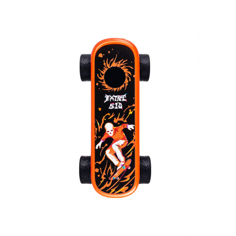 Bright orange Playdeck Skateboard 510 Battery with black grip, flaming logo, skull graphic, and chunky black wheels for all-terrain stunt use.