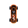 Bright orange Playdeck Skateboard 510 Battery with black grip, flaming logo, skull graphic, and chunky black wheels for all-terrain stunt use.