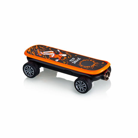 Electric skateboard with orange frame and black deck, featuring skeleton-skater graphic and flames. Integrated battery/motor housing on underside.