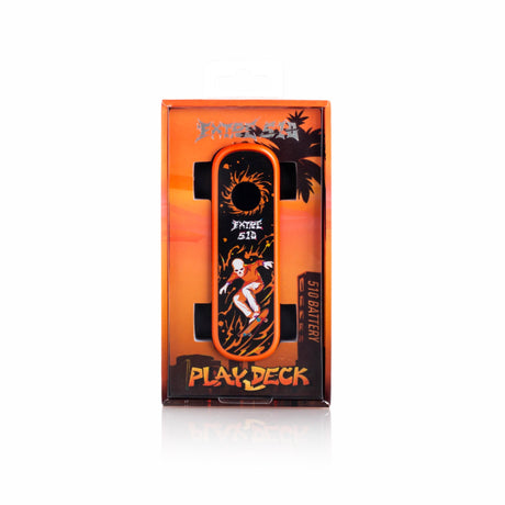 Playdeck Skateboard 510 Battery in retail packaging features an orange theme with a skeleton skateboarder graphic, labeled PLAY DECK at the bottom.