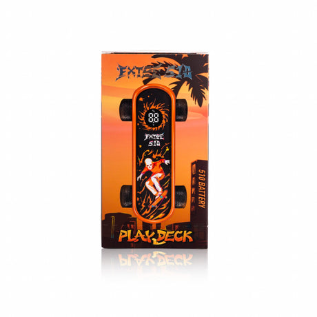Playdeck Skateboard 510 Battery in orange box with graffiti art, showing skateboard-shaped battery with flaming skeleton graphic and digital voltage display.