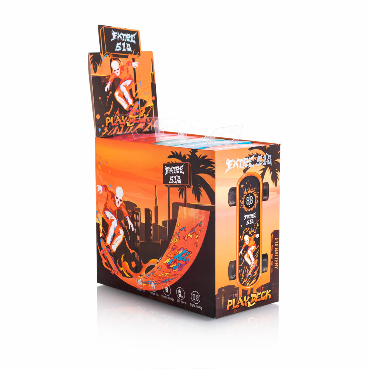 Playdeck Skateboard 510 Battery display, featuring Extreme 510 skater art on orange boxes, showcasing features like USB-C charging and variable voltage.