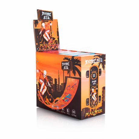 Playdeck Skateboard 510 Battery display, featuring Extreme 510 skater art on orange boxes, showcasing features like USB-C charging and variable voltage.