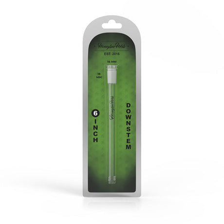 Downstem 6 - Clear, shown in packaging, essential for cooling and diffusing smoke in water pipes, designed for 18mm male joints, made from durable glass.
