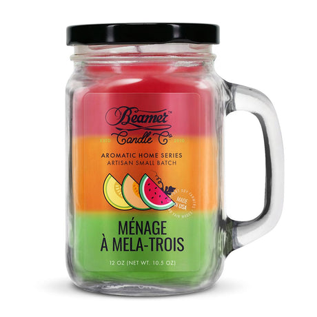 Scented Candle - Ménage à Mela-Trois in a glass jar, designed to eliminate smoke and odors with natural enzymes, offering a 90-hour burn time.