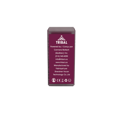 Back of the Pro Digital 510 Thread Battery box, featuring Tribal branding, Cannara Biotech contact details, Shenzhen Yocan manufacturing info, and compliance symbols.