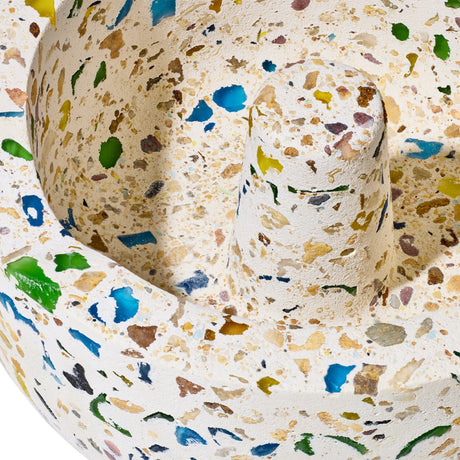 Symi Ashtray featuring terrazzo concrete with colored glass chips, shaped as a shallow bowl with a central cylindrical post, showcasing modern and vintage design.