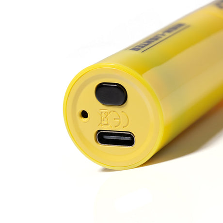 High-Lighter 510 Vaporizer, USB-C port, black button, and tiny hole on bright yellow cylindrical housing, resembling a compact, highlighter-styled battery.