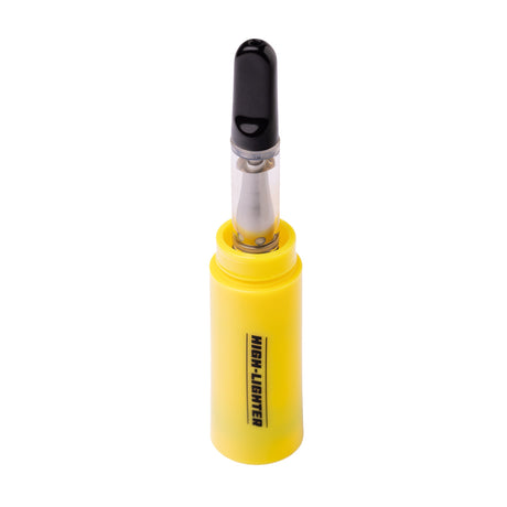High-Lighter 510 Vaporizer resembling a highlighter, featuring a clear cartridge with a black mouthpiece in a yellow sleeve, showcasing its unique and discreet design.