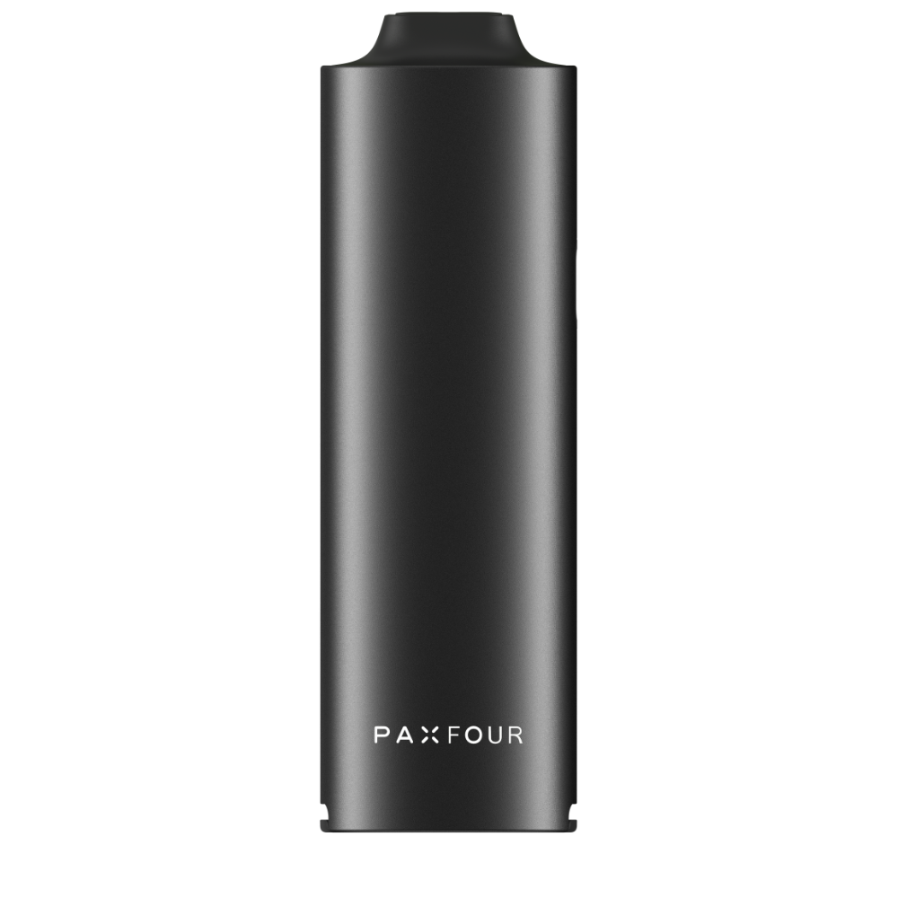 PAX FOUR vaporizer base in matte black with logo, featuring mouthpiece and precision heating for enhanced vapor production and user-friendly design.