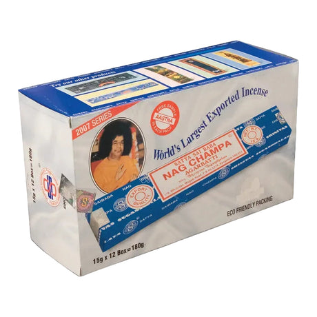 Nag Champa Incense - 1 Unit: A blue-and-white package containing 12 packs of 15g Satya Nag Champa incense, ideal for meditation and relaxation.