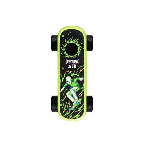 Playdeck Skateboard 510 Battery: Neon-green stunt board toy with black wheels, grip surface featuring green paint-splash, skeleton graphic, and Extreme 5 in 1 text.