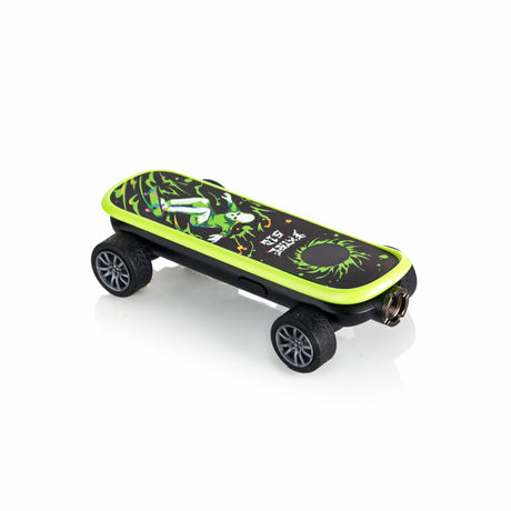 Playdeck Skateboard 510 Battery shaped like a skateboard sprinkler, featuring a four-wheel deck and brass hose fitting for water spray functionality.