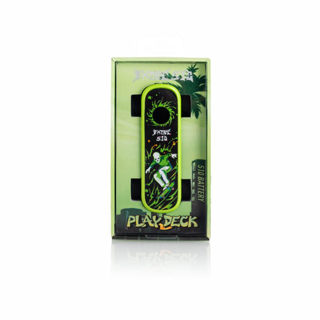 PlayDeck Skateboard 510 Battery kit featuring a green box, a deck-shaped battery with a skeleton-skater graphic, and a USB-C charging cable.