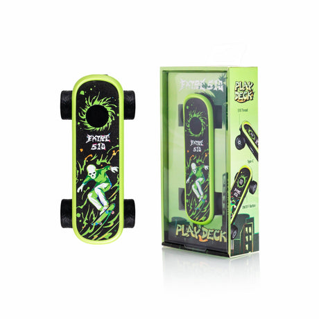 Playdeck Skateboard 510 Battery: Neon-green skateboard-shaped vape battery beside its box featuring a skeleton skateboarder. Highlights USB-C charging, 510-thread compatibility, and adjustable voltage.