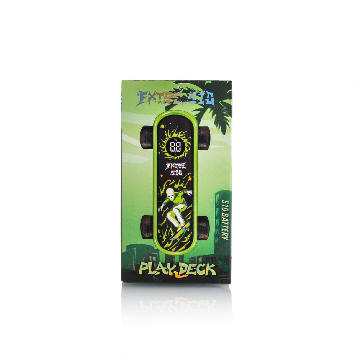 Playdeck Skateboard 510 Battery packaging with digital display skateboard, graffiti skull art, visible branding, and 510 Battery text on a green box.