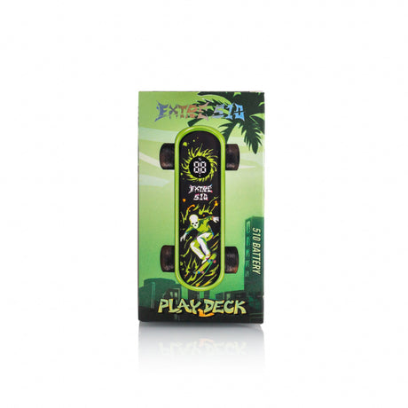 Playdeck Skateboard 510 Battery packaging with digital display skateboard, graffiti skull art, visible branding, and 510 Battery text on a green box.
