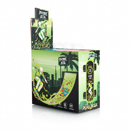 Playdeck Skateboard 510 Battery packaging featuring skate-art design, thumbnail images of the e-longboard, and icons detailing specs like range, preheat, and USB-C charging.
