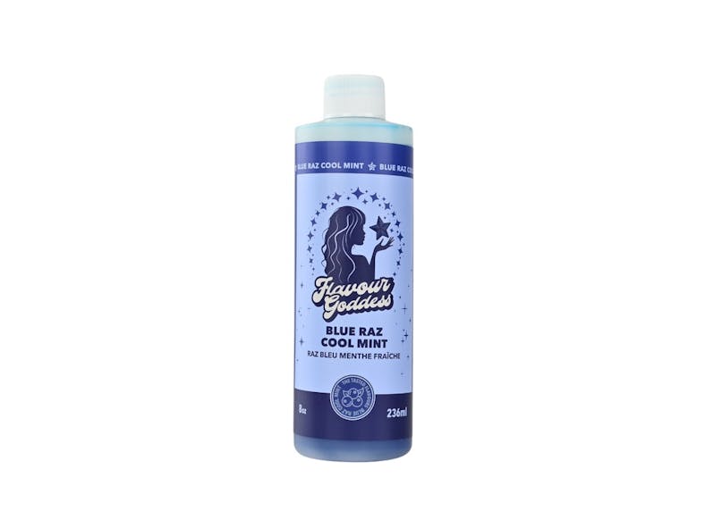 Bong Water Enhancer - 8oz: Tall cylindrical bottle labeled Flavour Goddess with Blue Raz Cool Mint flavor, designed to smooth smoke and infuse bong hits with flavor.