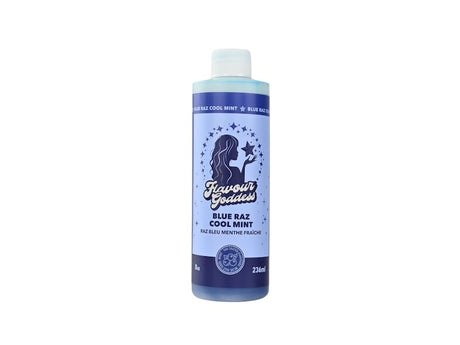 Bong Water Enhancer - 8oz: Tall cylindrical bottle labeled Flavour Goddess with Blue Raz Cool Mint flavor, designed to smooth smoke and infuse bong hits with flavor.