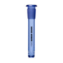 Slender blue glass tube with HUMAN GRADE stamp, featuring a ground-glass top joint and machined slits at the end; Color Downstem - 14MM - 4.5.