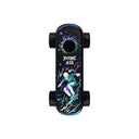 Top-down view of the Playdeck Skateboard 510 Battery with visible wheels, featuring a skull skater graphic on the grip tape against a colorful background.