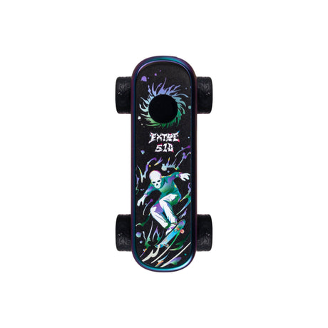 Top-down view of the Playdeck Skateboard 510 Battery with visible wheels, featuring a skull skater graphic on the grip tape against a colorful background.