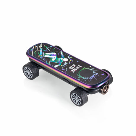 Playdeck Skateboard 510 Battery on a compact electric skateboard with rainbow-tinted frame, dancing skeleton graphic, rubber tires, and visible charging port.