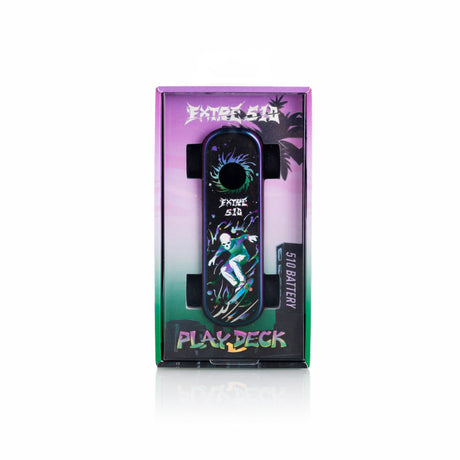 Playdeck Skateboard 510 Battery with skateboard/skeleton graphic, featuring a purple-to-green gradient box, highlighting its compact design and adjustable voltage settings.