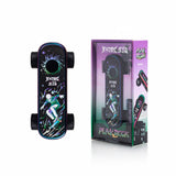 Playdeck Skateboard 510 Battery shaped like a skateboard with wheels, featuring a comic-style graphic. Includes retail packaging highlighting 510-thread, USB-C port, and on/off button.