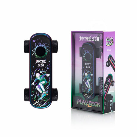 Playdeck Skateboard 510 Battery shaped like a skateboard with wheels, featuring a comic-style graphic. Includes retail packaging highlighting 510-thread, USB-C port, and on/off button.