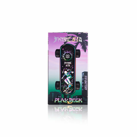 Playdeck Skateboard 510 Battery box with skateboard image, skull graphic, and branding text. Highlights include digital display and 510 Battery mention.