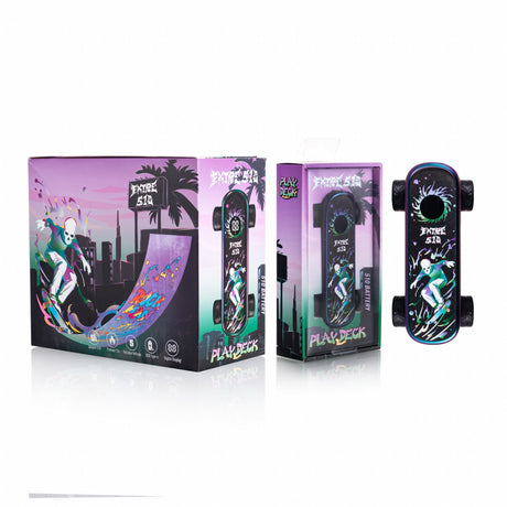 Playdeck Skateboard 510 Battery, a compact skateboard-shaped device with a digital display, USB-C charging, and preheat function, next to its colorful retail packaging.