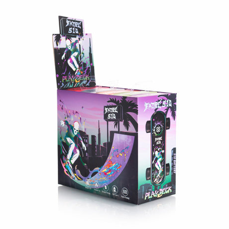 Playdeck Skateboard 510 Battery display box featuring skull-masked skater art, showcasing range icons, USB-C charging, digital display, and compact design highlights.