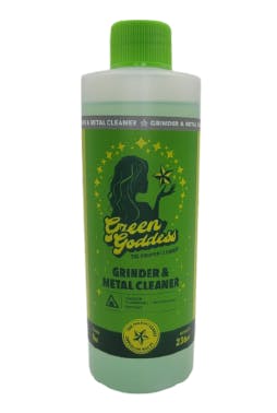 Green Goddess Metal & Grinder Cleaner - 8oz bottle with green cap and label, designed for eco-friendly cleaning of grinders and metal parts.