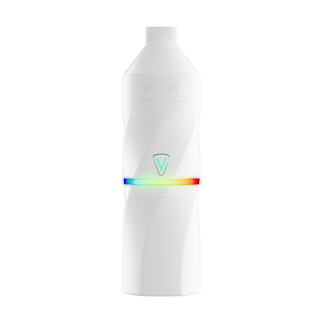 AERIS Portable E-Rig Kit showing a white bottle with a rainbow stripe, designed for convenient, powerful dabbing with ergonomic, pocket-friendly design and accessory components.