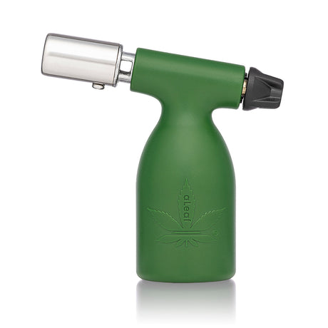 3.5 Blow Torch Turbo Flame with green body, cannabis-leaf logo, pistol shape. Compact design delivers high-grade 2500°F flame. Ideal for portable concentrate use.