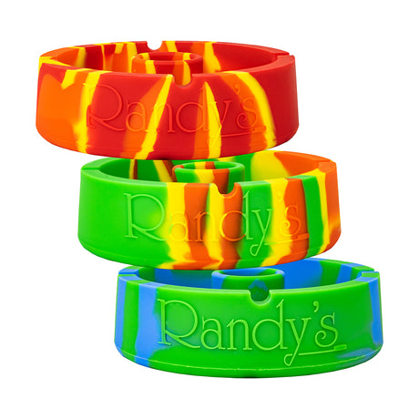 Randy's Round Silicone Ash Tray set, featuring stackable, marbled trays with cigarette notches and molded branding, designed for durability and easy cleaning.
