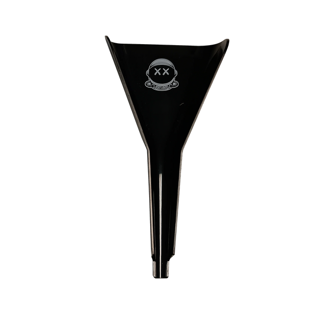 Black Bioplastic Cone Loader with astronaut-helmet logo GET LOST, designed for ergonomic handling and precision packing, made from eco-friendly bioplastic for sustainability and portability.