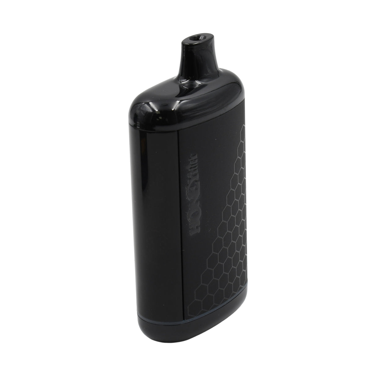 Glossy black vape device with honeycomb pattern; buttonless, draw-activated, compatible with 510 cartridges. Features a built-in mouthpiece and discreet design for portability.