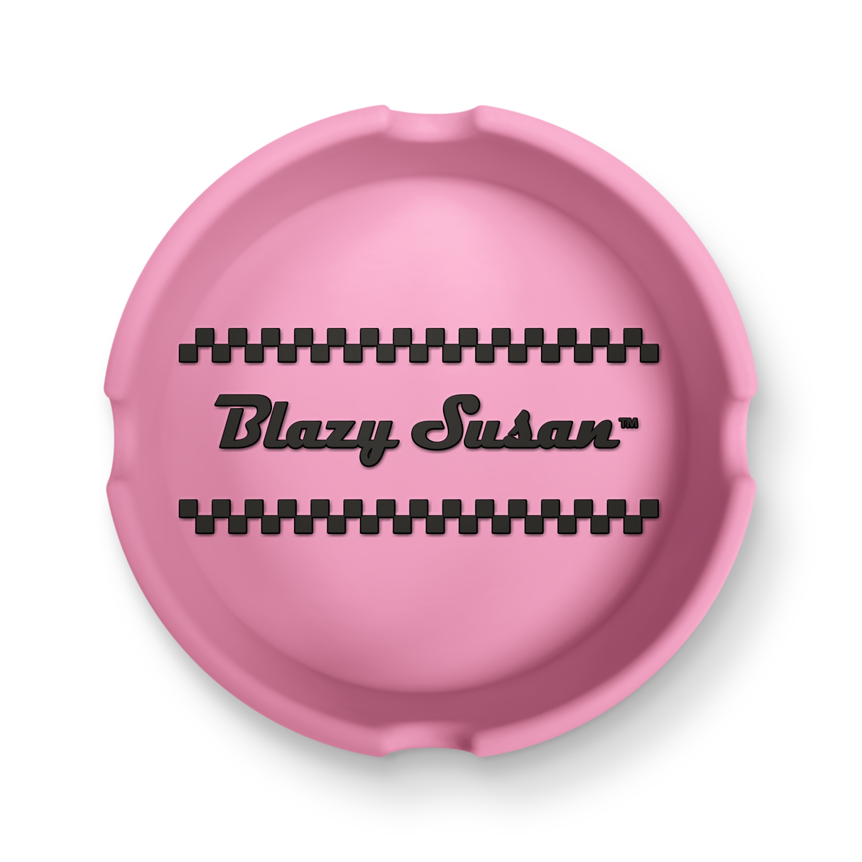 Classic Ashtray: A round silicone tray with black checker bands and Blazy Susan™ in bold script, designed for organizing small items.